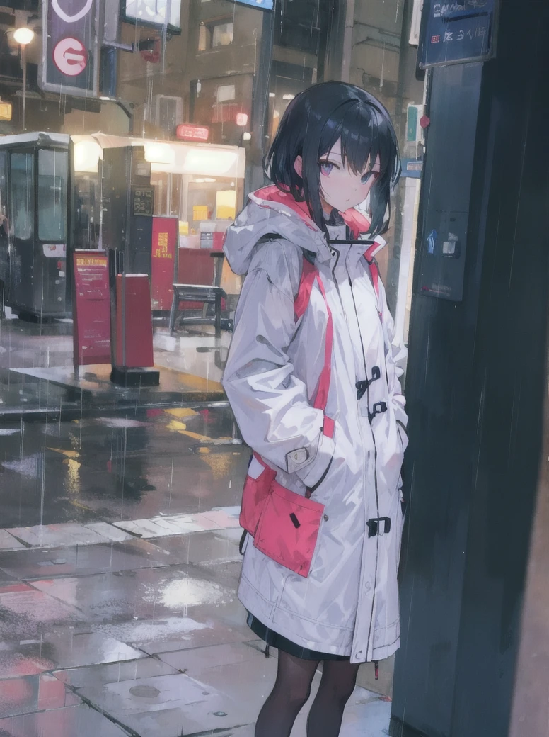 1girl,night city,rain,coat,hands in pockets