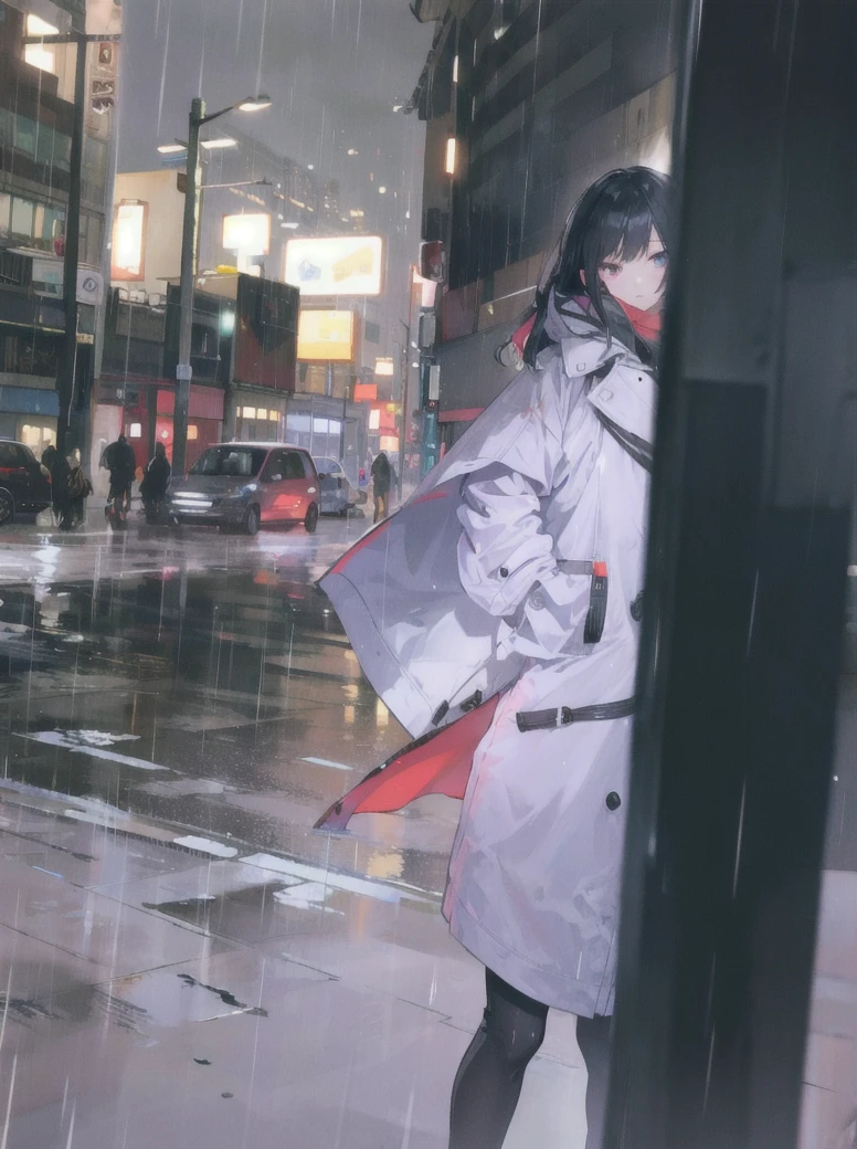 1girl,night city,rain,coat,hands in pockets