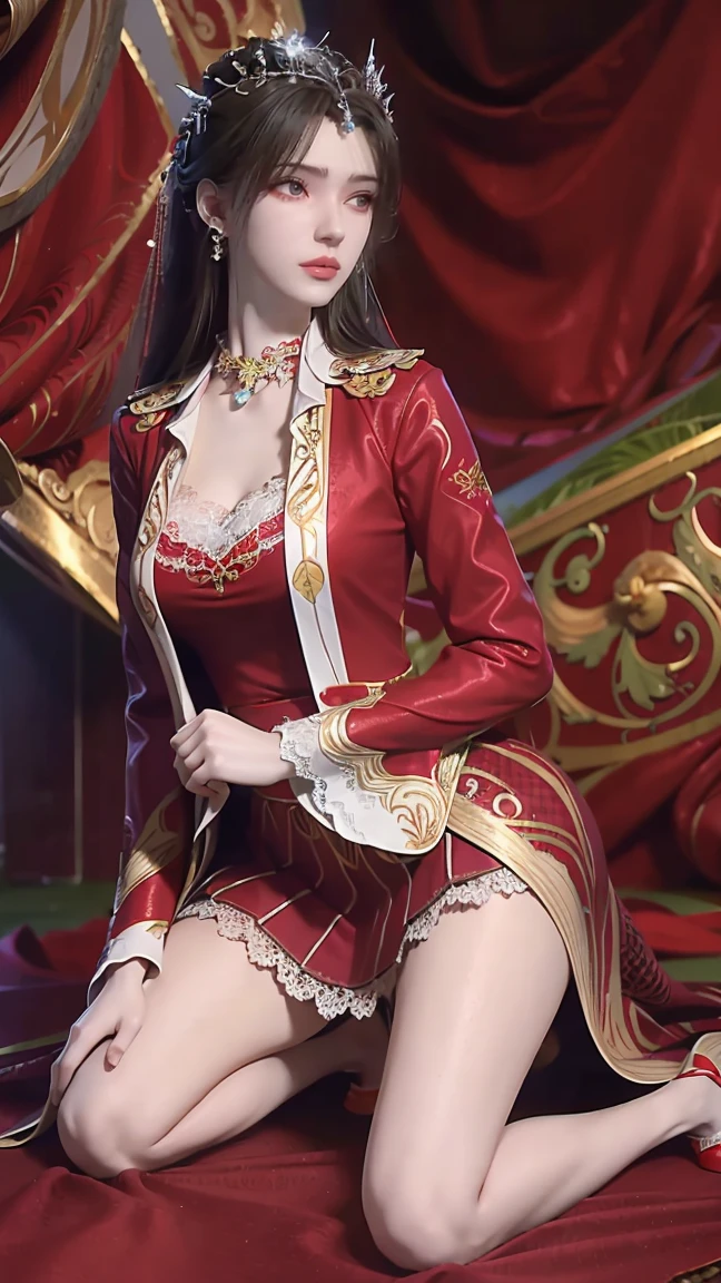 best quality，masterpiece，The Ultimate Solution，Fluffy，Extremely colorful，Mature beautiful woman，（Dress school uniform），Lace skirt，（Beautiful woman beheaded），Normal posture，（Kneeling），Kneeling on the bed，shackles，Beheading，collar，Red dress ，Red high heels，Normal posture