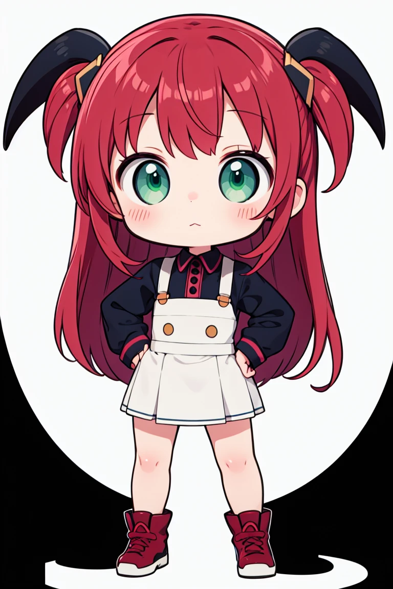 chibi, flat color, solo, full body, cute, (highest quality), red Hair, green Eyes, Beautiful Eyes, put hands hip, white background, (masterpiece)