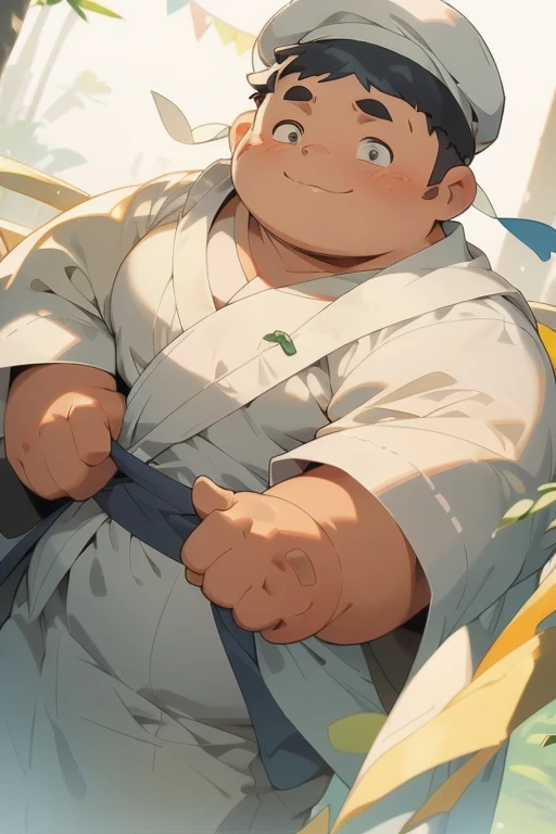 fat Boy，travelling poet，cute，overweight，Light-colored robes，Black streamer，White beret，In the wild，masterpiece，high quality，high-definition，
