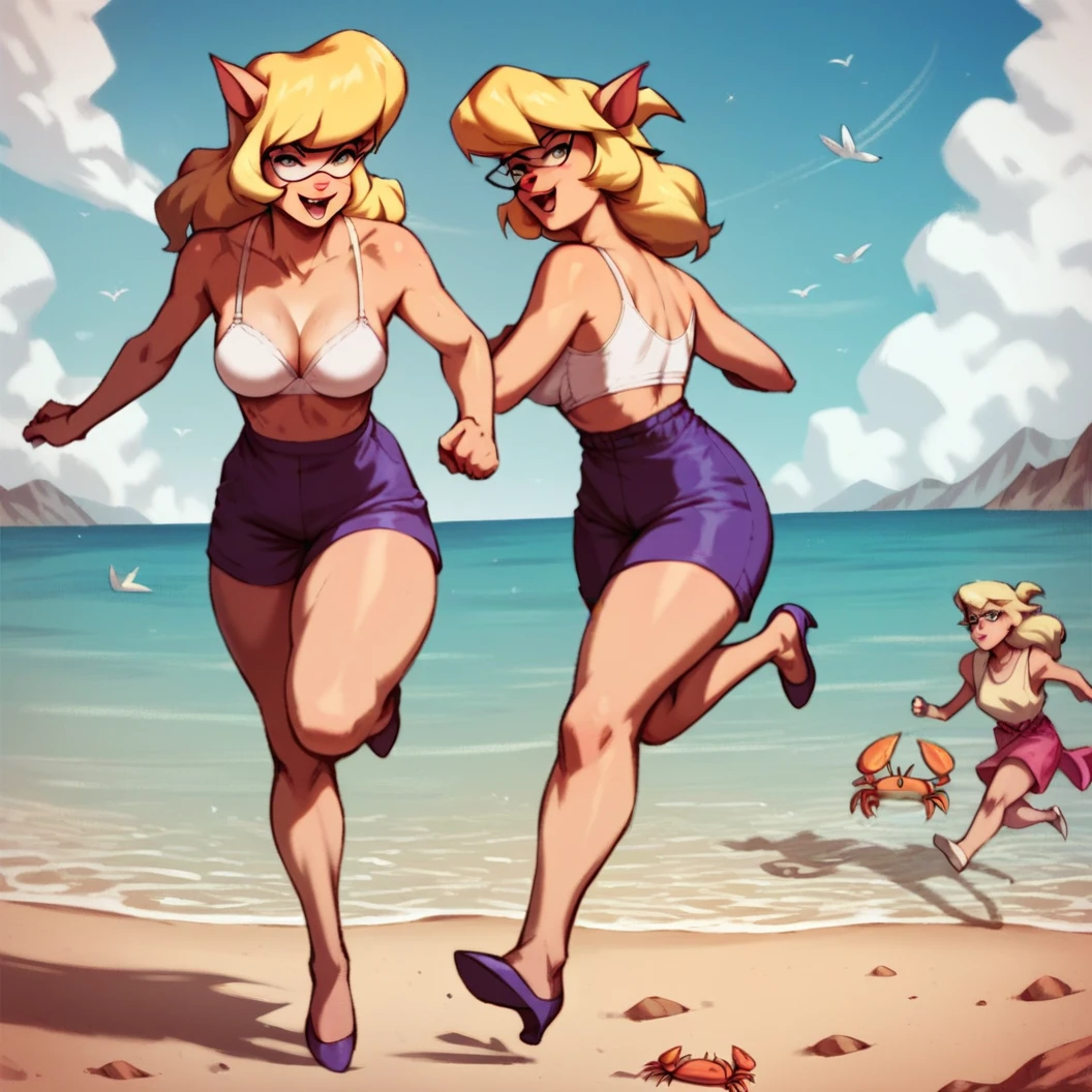 2girls, clones, Callie Briggs, detailed, detailed fur, white bra, legs, purple heels, blonde hair, eyes open, beach, glasses, bottomless, white tops, thicc thighs, running, crab chase
