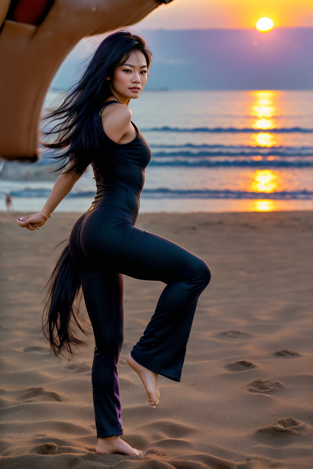 arafed woman with long black hair with purple highlights on the beach (((doing a roundhouse kick))), flowing black hair, with black hair, photo of a beautiful woman, long flowing black hair, black golden hour, curly black hair, beautiful young asian woman, beautiful asian woman, wild ginger hair, black wispy hair, light black hair, a young asian woman, an asian woman, infp young woman, Portrait photo of a 24-year-old french girl in RAW UHD format (Brown-eyed woman), Details (textures! , Hair! , glistering, Color!! , imperfections: 1.1), DSLR Lighting, SLR camera, Ultra-Quality, sharpness, Film grain (Downtown), Fujifilm XT3, Crystal clear, Frame Center, beatiful face, sharp-focus, bokeh (lit), day time, (open sky), detailed skin pores, oilly skin, suntan, Complex eye details, people in the background, (((long distance, full body))), beautiful face, (((yoga suit))), (((sand in the background))), (((betterhand))), (((good hands, best hands))), (((roundhouse kick)))