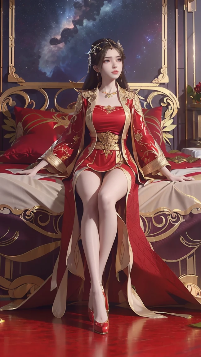 一个穿着红色衣裙的女孩躺在Starry Sky下的床上,Exquisite smile,Beautiful and delicate eyes,Beautiful and delicate lips,Extremely detailed face and eyes,Long eyelashes,Full body,Flowing hair,best quality,excellent work,Super,(Reality:1.4),RAW photos,(Beautiful face:1.2),(Lying in bed:1.5),1 girl,(absurd),(8K), (4K),Octane Rendering,Starry Sky,((Full body view)),Wearing red crystal high heels,Cross-legged