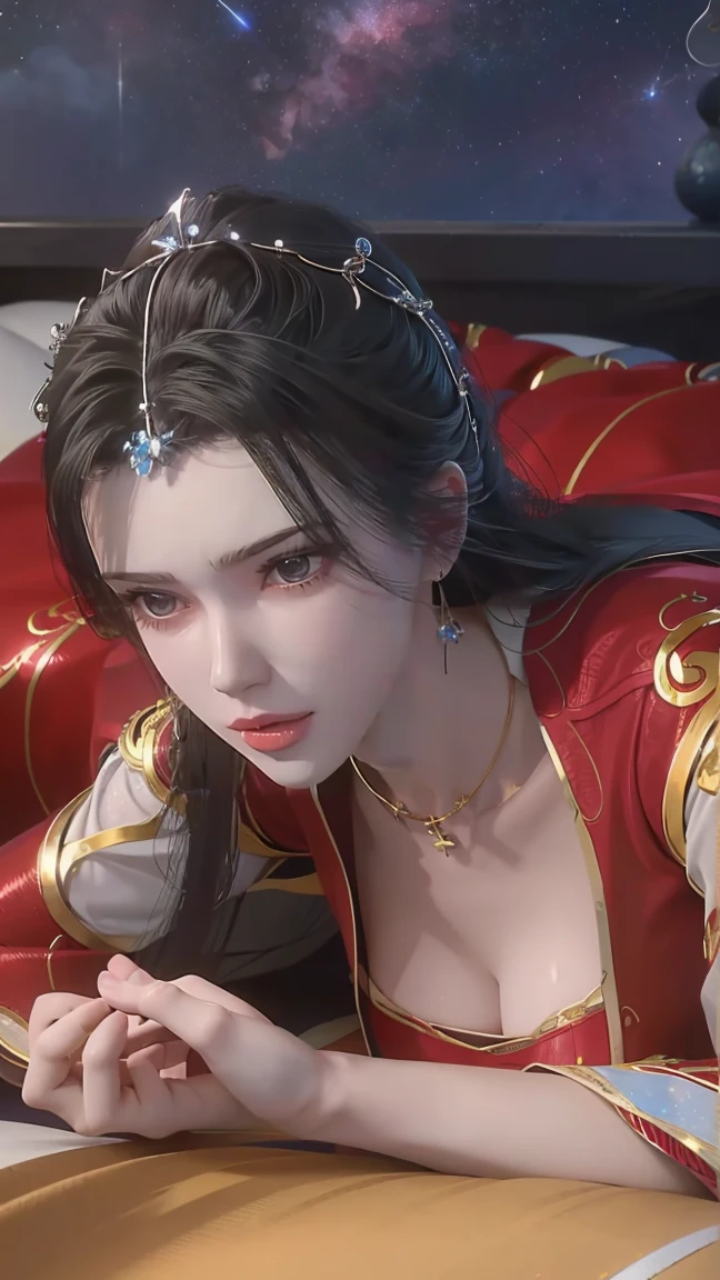 一个穿着红色衣裙的女孩躺在Starry Sky下的床上,Exquisite smile,Beautiful and delicate eyes,Beautiful and delicate lips,Extremely detailed face and eyes,Long eyelashes,Full body,Flowing hair,best quality,excellent work,Super,(Reality:1.4),RAW photos,(Beautiful face:1.2),(Lying in bed:1.5),1 girl,(absurd),(8K), (4K),Octane Rendering,Starry Sky,((Full body view)),Wearing red crystal high heels,Cross-legged