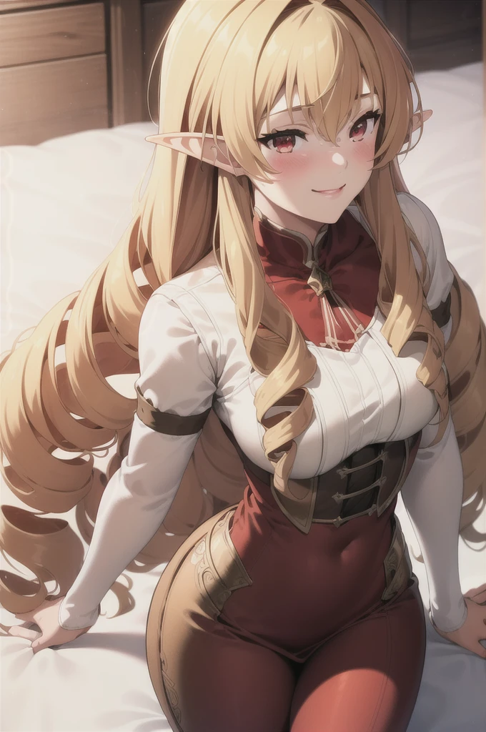 Best quality, masterpiece, 1 girl, (One:1.1), ray tracing, ultra detailed,detailed face, 8k wallpaper, wide hips, ElinalizeDragonroadNDV, 1 girl, blonde hair, Red eyes, Medium breasts, Very long hair, elf, pointed ears, drill hair, smile, blush, Red dress, White shirt, Tights,
