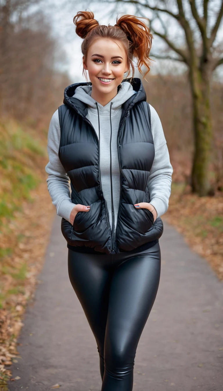ultrarealistic high quality full body photo of a beautiful busty slim european 25-year-old woman with cute hyperdetailed shy face and natural redhead messy bun hair and shy smile , realistic round hazel eyes, natural lips, dark eye makeup with eyeliner, wearing casual hoodie with shiny puffer vest and latex leggins, hourglass body, outdoor photography, tanned
