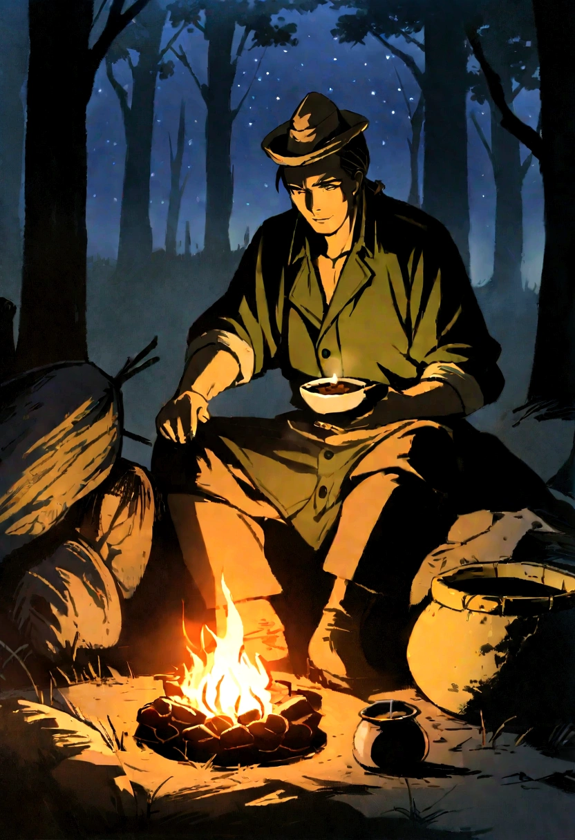 A single early American frontiersman sitting in a clearing in the forest, beside a primitive fire. A pot of coffee sitting on a rock by the fire. Food cooking above the fire. Night scene. campfire glow, dramatic lighting, stars in the sky, clearing in the forest. Painted in the style of N. C. Wyeth.
