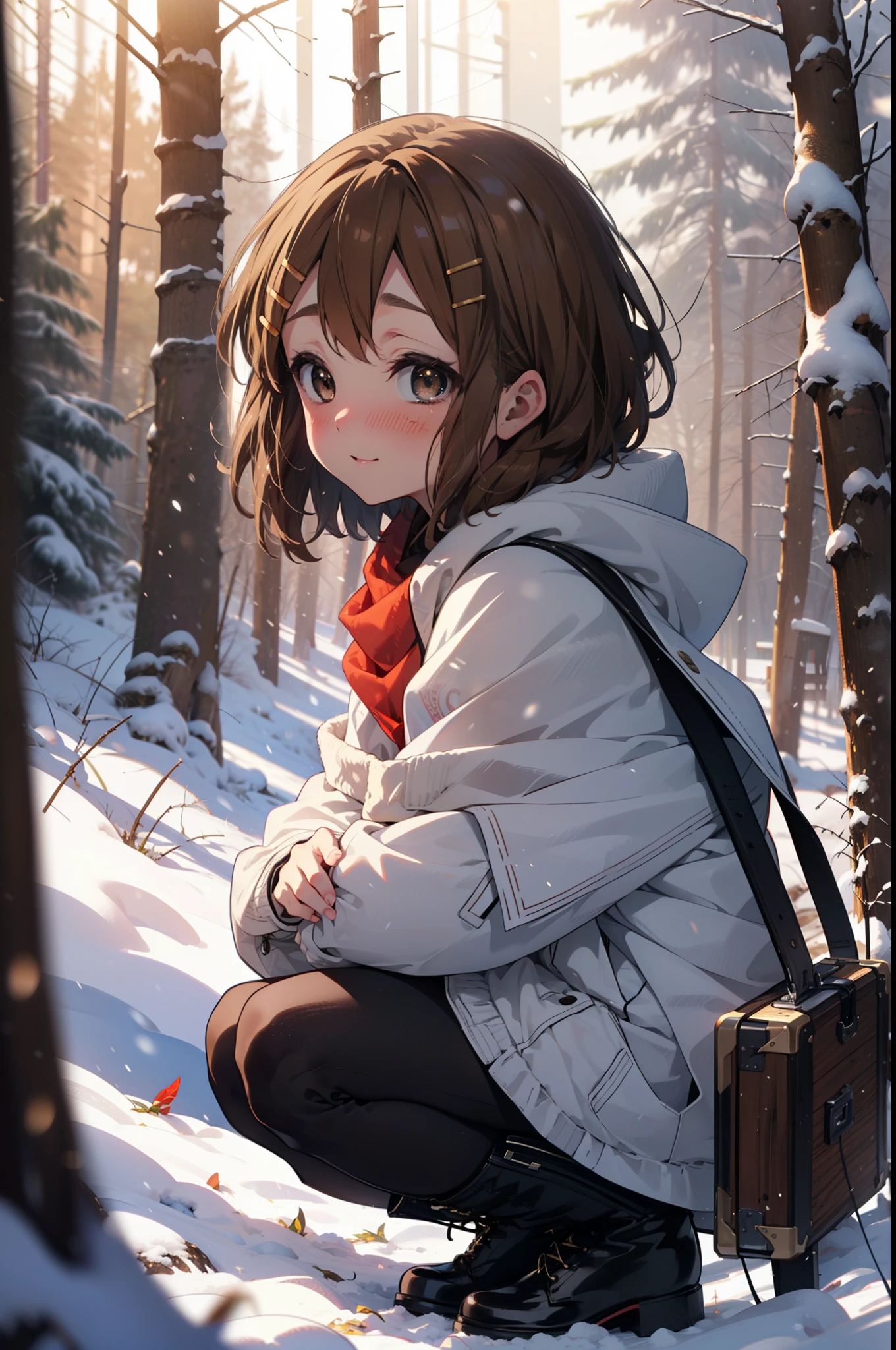yuihirasawa, Yui Hirasawa, short hair, Brown Hair, hair ornaments, (Brown eyes:1.5), Hair Clip、smile,smile,blush,White Breath,
Open your mouth,snow,Ground bonfire,, Outdoor, boots, snowing, From the side, wood, suitcase, Cape, Blurred, , forest, White handbag, nature, Squat, Mouth closed, Cape, winter, Written boundary depth, Black shoes, red Cape break looking at viewer, Upper Body, whole body, break Outdoor, forest, nature, break (masterpiece:1.2), Highest quality, High resolution, unity 8k wallpaper, (shape:0.8), (Beautiful and beautiful eyes:1.6), Highly detailed face, Perfect lighting, Extremely detailed CG, (Perfect hands, Perfect Anatomy),