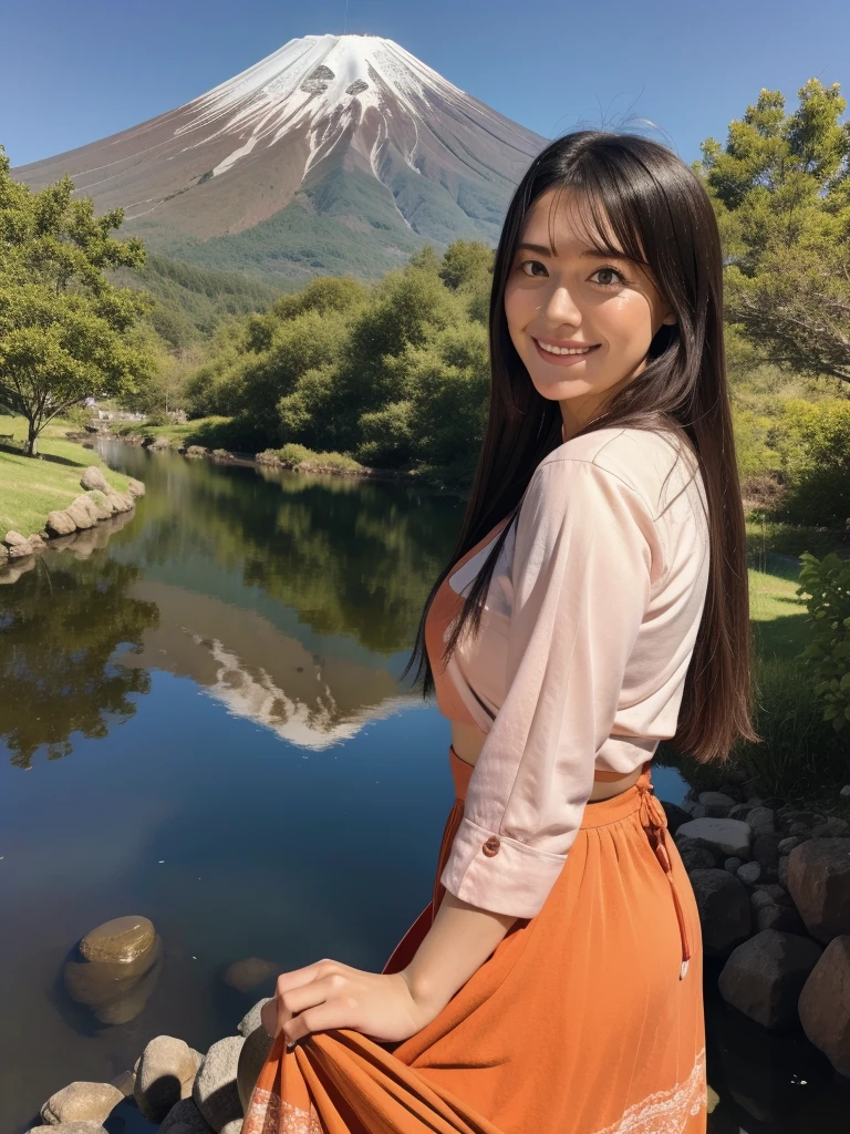 rie,One Woman,(best quality), (ultra detailed), (absolutely resolution),Face is front, 32 years old, forward leaning posture, bohemian dress, The color of the clothes is orange, The pattern on the clothes is satin, Black Hair, smile, With Mt. Fuji in the background、Inverted Mt. Fuji reflected in the blue sky and lake surface