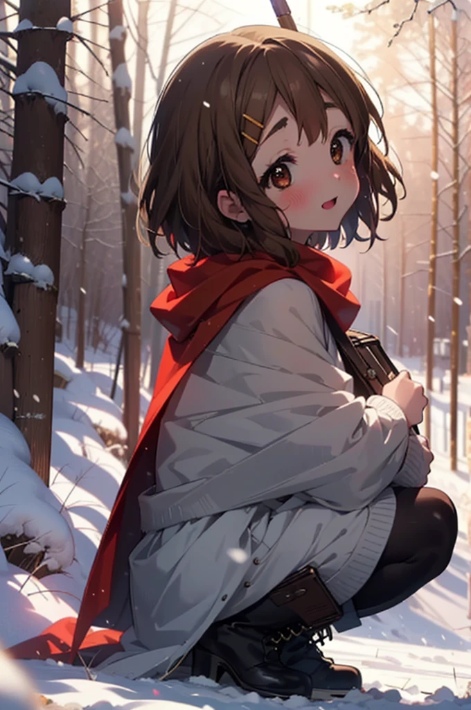 yuihirasawa, Yui Hirasawa, short hair, Brown Hair, hair ornaments, (Brown eyes:1.5), Hair Clip、smile,smile,blush,White Breath,
Open your mouth,snow,Ground bonfire,, Outdoor, boots, snowing, From the side, wood, suitcase, Cape, Blurred, , forest, White handbag, nature,  Squat, Mouth closed, Cape, winter, Written boundary depth, Black shoes, red Cape break looking at viewer, Upper Body, whole body, break Outdoor, forest, nature, break (masterpiece:1.2), Highest quality, High resolution, unity 8k wallpaper, (shape:0.8), (Beautiful and beautiful eyes:1.6), Highly detailed face, Perfect lighting, Extremely detailed CG, (Perfect hands, Perfect Anatomy),