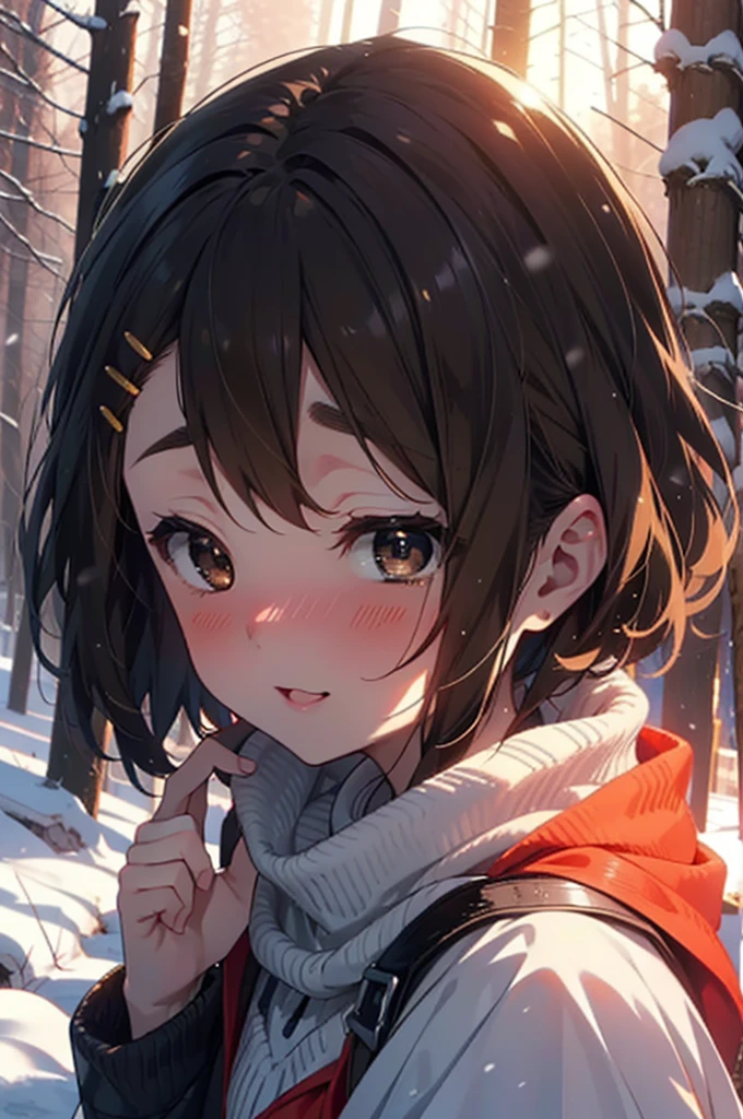 yuihirasawa, Yui Hirasawa, short hair, Brown Hair, hair ornaments, (Brown eyes:1.5), Hair Clip、smile,smile,blush,White Breath,
Open your mouth,snow,Ground bonfire,, Outdoor, boots, snowing, From the side, wood, suitcase, Cape, Blurred, , forest, White handbag, nature,  Squat, Mouth closed, Cape, winter, Written boundary depth, Black shoes, red Cape break looking at viewer, Upper Body, whole body, break Outdoor, forest, nature, break (masterpiece:1.2), Highest quality, High resolution, unity 8k wallpaper, (shape:0.8), (Beautiful and beautiful eyes:1.6), Highly detailed face, Perfect lighting, Extremely detailed CG, (Perfect hands, Perfect Anatomy),