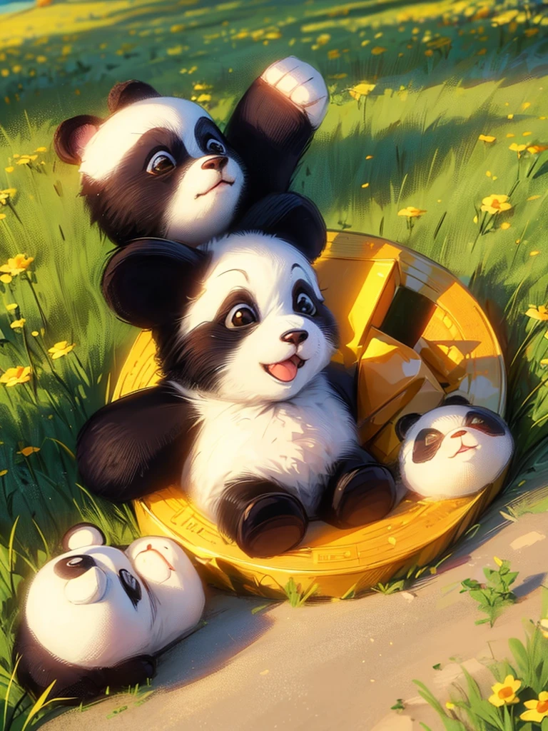 A cartoon style panda sitting on a bright meadow while playing with gold coins, Satoshi, bitcoin, is very happy