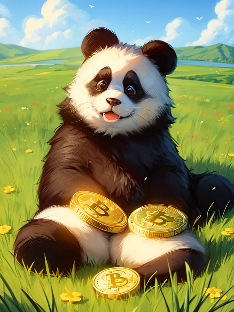 A cartoon style baby panda sitting on a bright meadow while playing with gold coins, Satoshi, bitcoin, is very happy