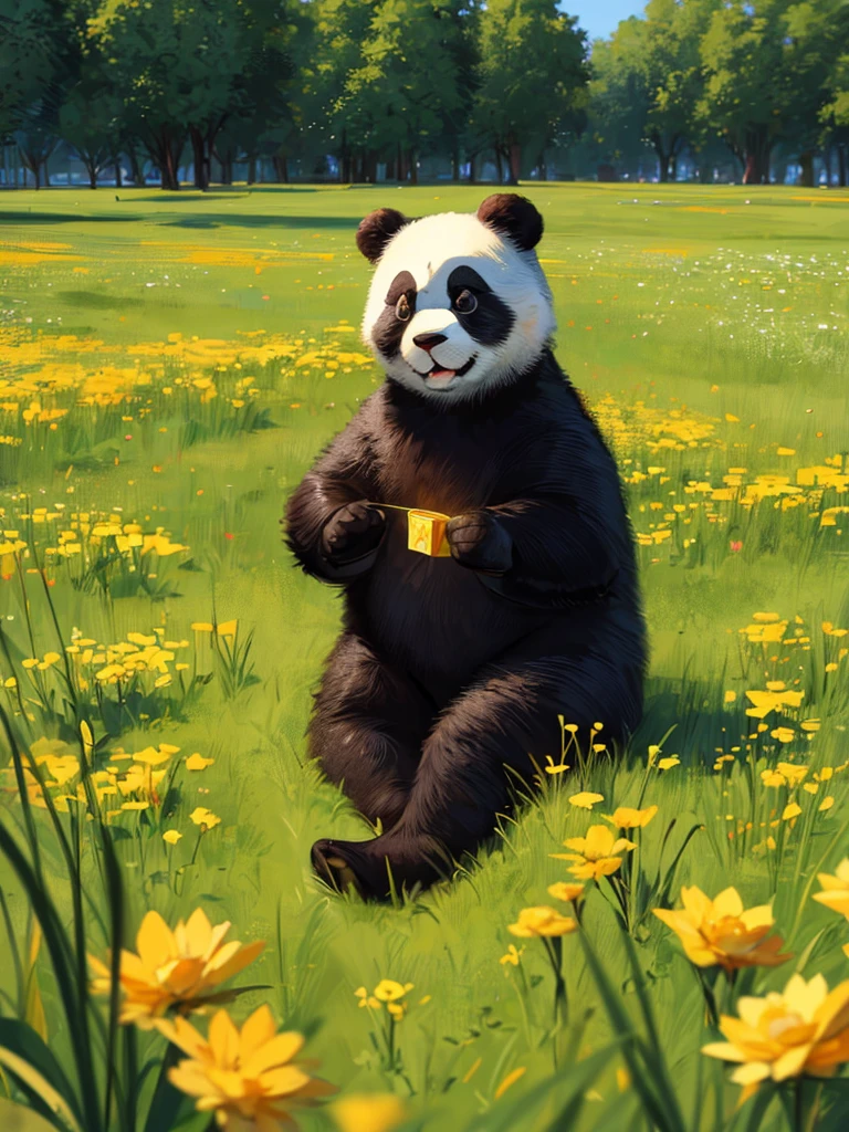 A cartoon style panda sitting on a bright meadow while playing with gold coins, Satoshi, bitcoin, is very happy