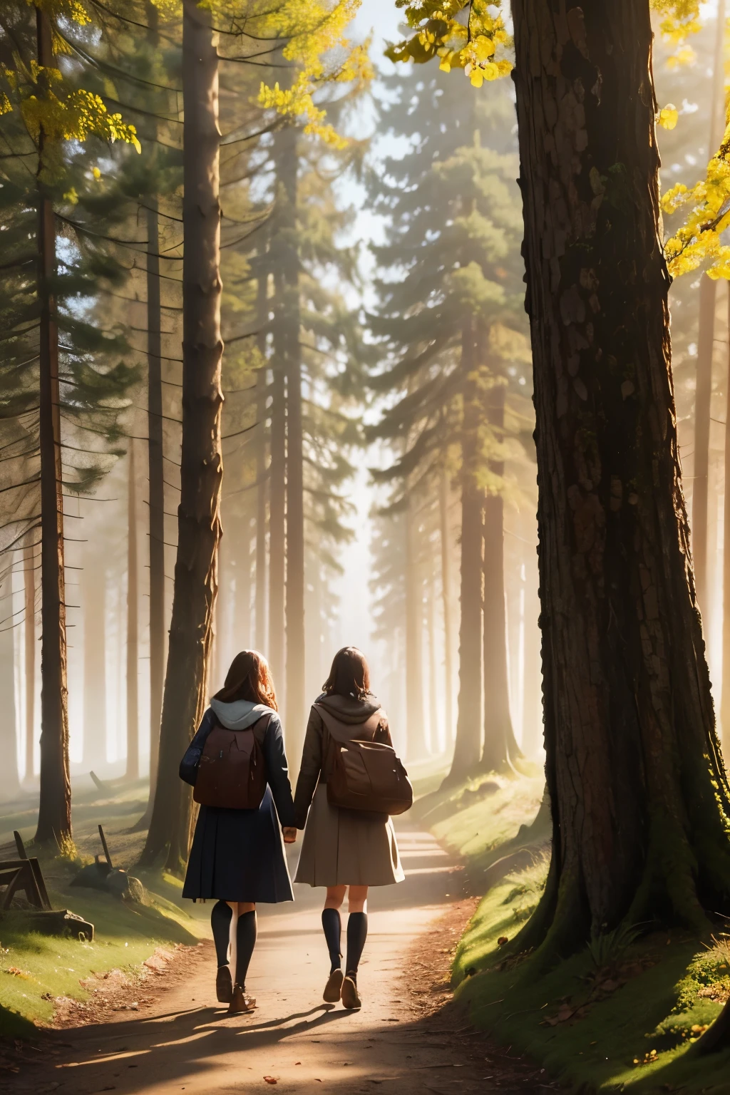 three girl in a path through the woods, fog, autumn landscape, sunlight filtering through the fog and branches