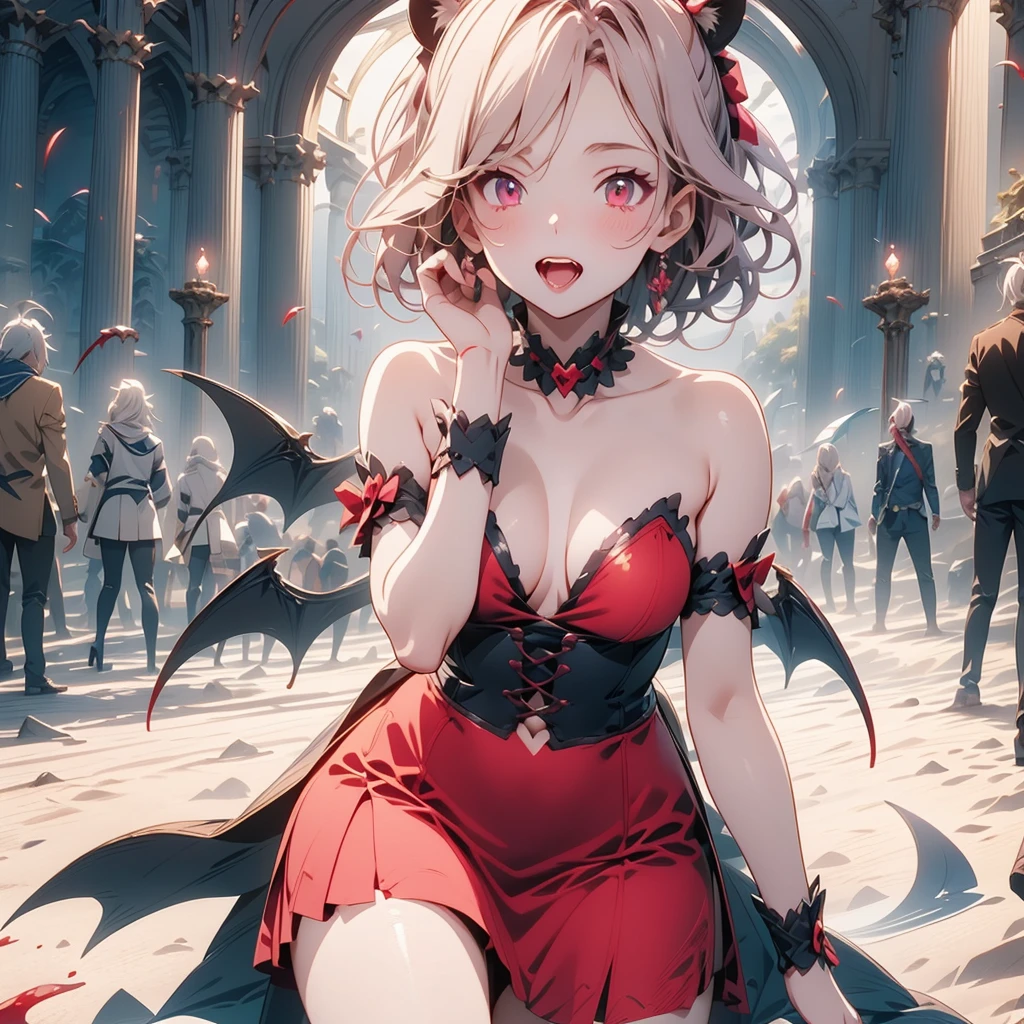 His chest was covered in blood、Anime girl with blood dripping from her chest, gapmoe Yandere grimdark,((vampire)) Devil anime girl, Shatia Bradfren, Bad guy anime 8k, Yandere intricate, portrait gapmoe Yandere grimdark, vampire女孩, bloody + Concept Art, Yandere, Anime style 4k, Open mouth and bite,Blood at the corner of mouth,Small tiger teeth,Devil Wings, Gothic girl anime long skirt,Red Moon,castle