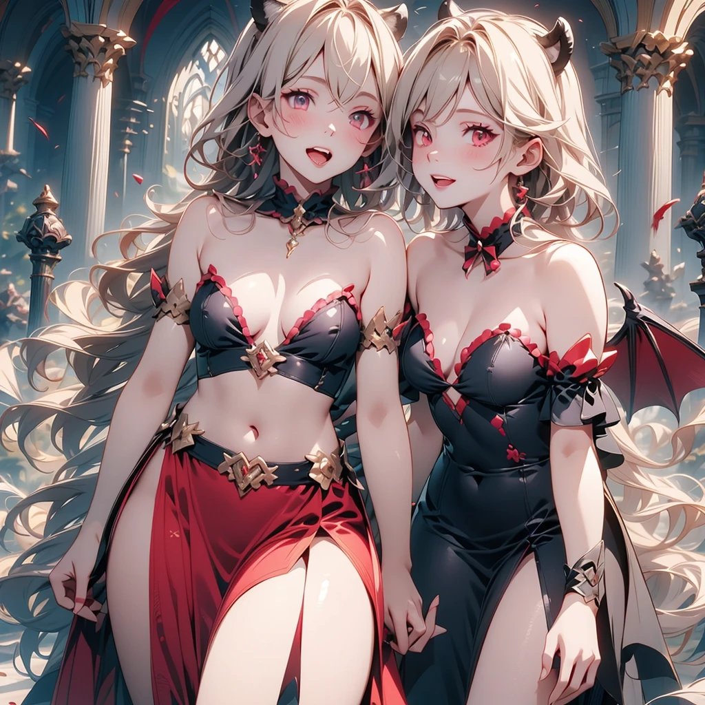 His chest was covered in blood、Anime girl with blood dripping from her chest, gapmoe Yandere grimdark,((vampire)) Devil anime girl, Shatia Bradfren, Bad guy anime 8k, Yandere intricate, portrait gapmoe Yandere grimdark, vampire女孩, bloody + Concept Art, Yandere, Anime style 4k, Open mouth and bite,Blood at the corner of mouth,Small tiger teeth,Devil Wings, Gothic girl anime long skirt,Red Moon,castle