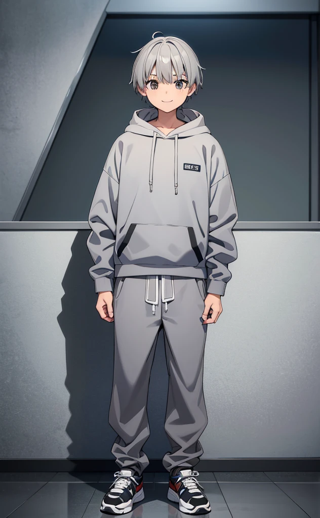 juvenile，Gray hair，Standing，Greet the screen with a smile，whole body。Grey Hoodie。Brown trousers，sports shoes。individual。