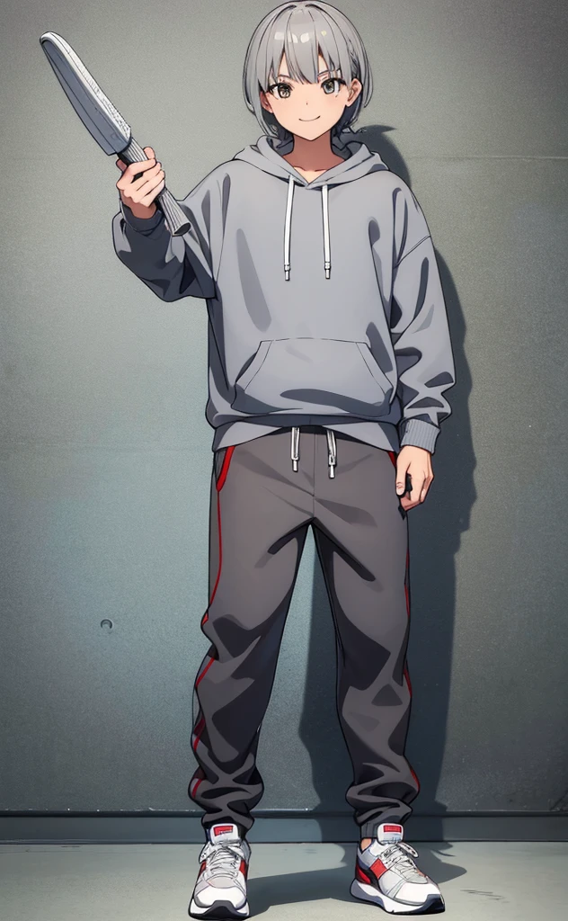 juvenile,Gray hair,Standing,Greet the screen with a smile,whole body。Grey Hoodie。Brown trousers,sports shoes。individual。