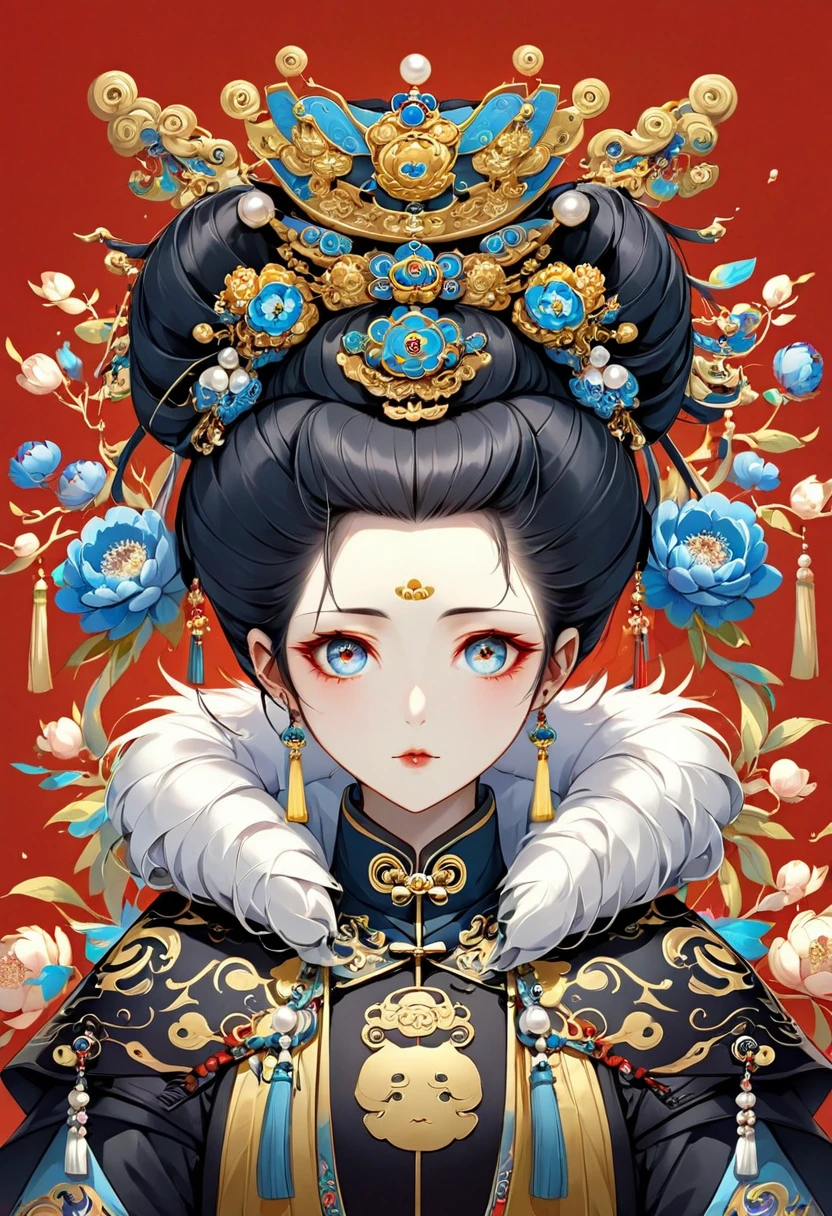 Solemn girl portrait，symmetry，Round Face，Bright Eyes，Smooth skin，Red peony headdress，Elegant and luxurious，Wealth，Gorgeous black and gold costumes，Chinese Qing Dynasty flag costumes,Selfish,Chinese Emperor，High bun，Gorgeous golden crown，tassel，palace，Clean background，(((Wu Zetian，Empress)))，Fur collar cape，Pearl tassels，Pearl Makeup，Red background