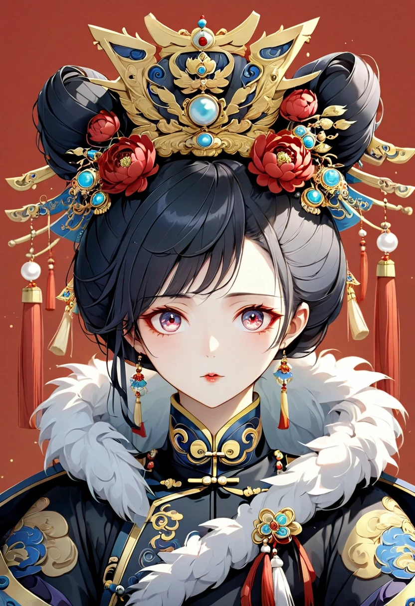 Solemn girl portrait,symmetry,Round Face,Bright Eyes,Smooth skin,Red peony headdress,Elegant and luxurious,Wealth,Gorgeous black and gold costumes,Chinese Qing Dynasty flag costumes,Selfish,Chinese Emperor,High bun,Gorgeous golden crown,tassel,palace,Clean background,(((Wu Zetian,Empress))),Fur collar cape,Pearl tassels,Pearl Makeup,Red background