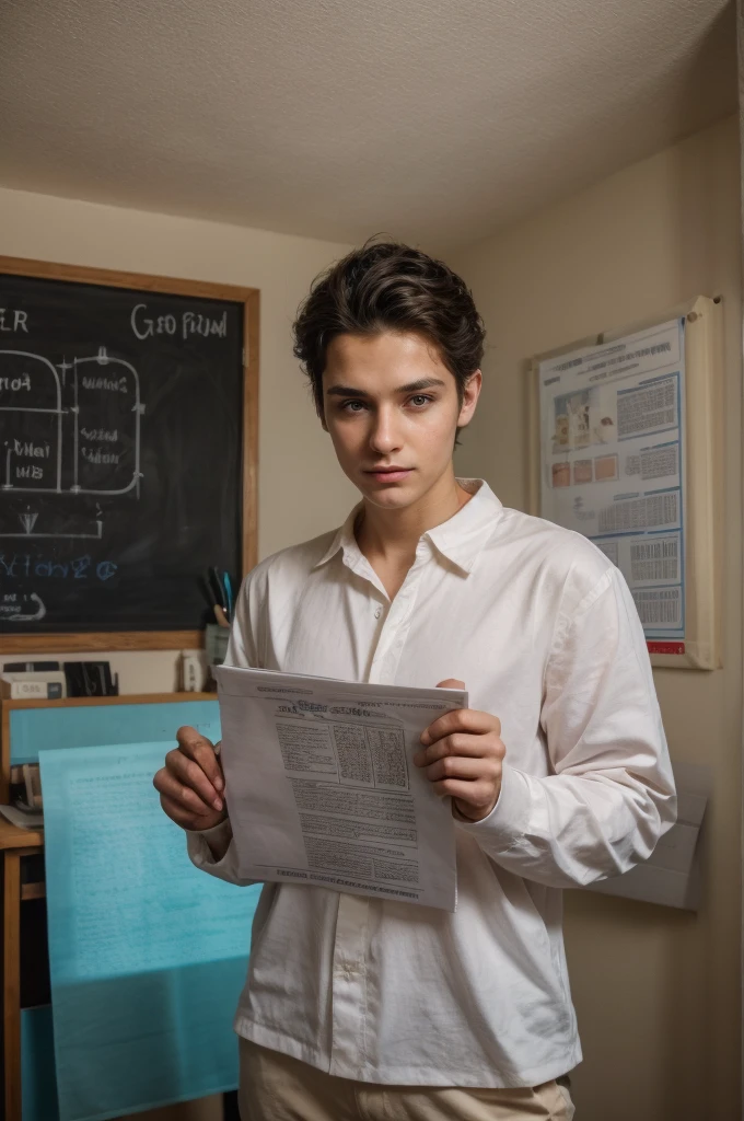 A beautiful young male twink, cute, with black hair, a face with reddish make-up, wearing a bright white long-sleeved shirt and aqua blue pants. He is in his office, and behind him is a blackboard on which is written the shape of the brain and its anatomy, from which nuclear energy emerges, and in his hand is a paper sheet with manuscripts on it.  The phrase “The Greatest Mind.”