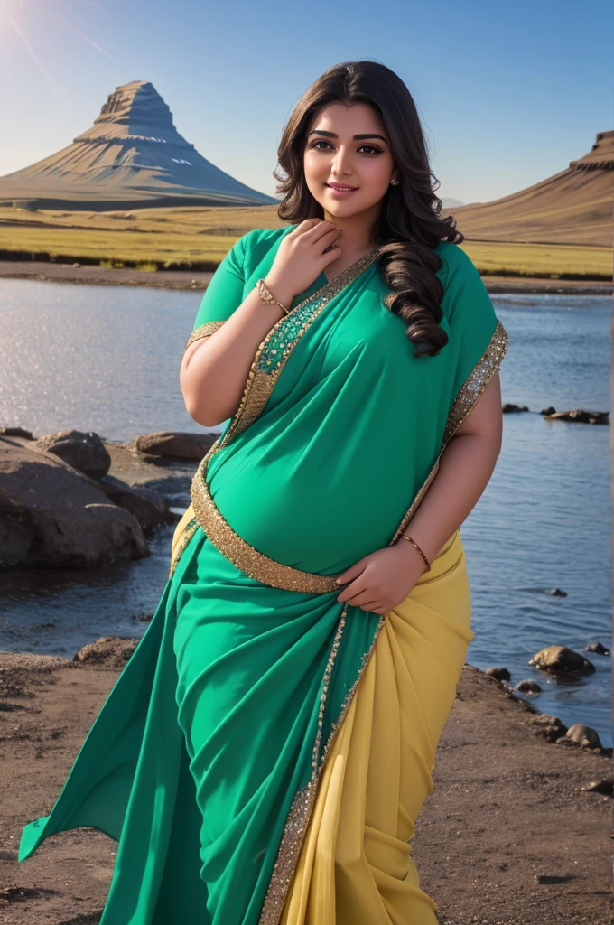 1 Heavenly beautiful and goddess beauty cute and sweet looking face Arabian woman in front of Kirkjufell hill, Heavenly beautiful Overweight, Heavenly beautiful Extremely fat, Heavenly beautiful and attractive Chubby figure , Heavenly beautiful looking and eye catching luxury style saree , reaching out, Heavenly beautiful Arabian woman, 16k, High resolution, masterpiece, highest quality, fine skin, close up figure view, Realistic Photograph