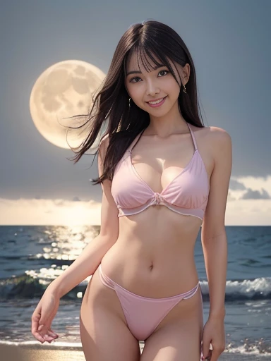 a lot of details, (slender waist), 30 years old, detailed black hair, beautiful detailed hair, super beautiful, delicate beautiful face, complex details beautiful and delicate eyes, perfect hands, (small breastsuality), perfect and delicate limbs, detailed skin, best quality, ultra-detailed,(cheerful grin:1.5),
stars behind girl, whole body, Top view, thick thighs, hands behind back, detailed long hair, highleg, pink Clothes, moon, beach, floating flow,