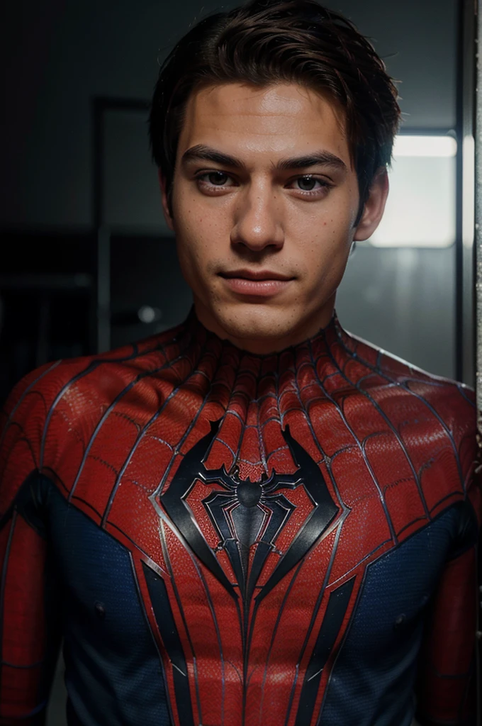 A photograph of spider man, no mask, 20 yo, handsome, detailed face, looking at camera, portrait, 8k uhd, high quality