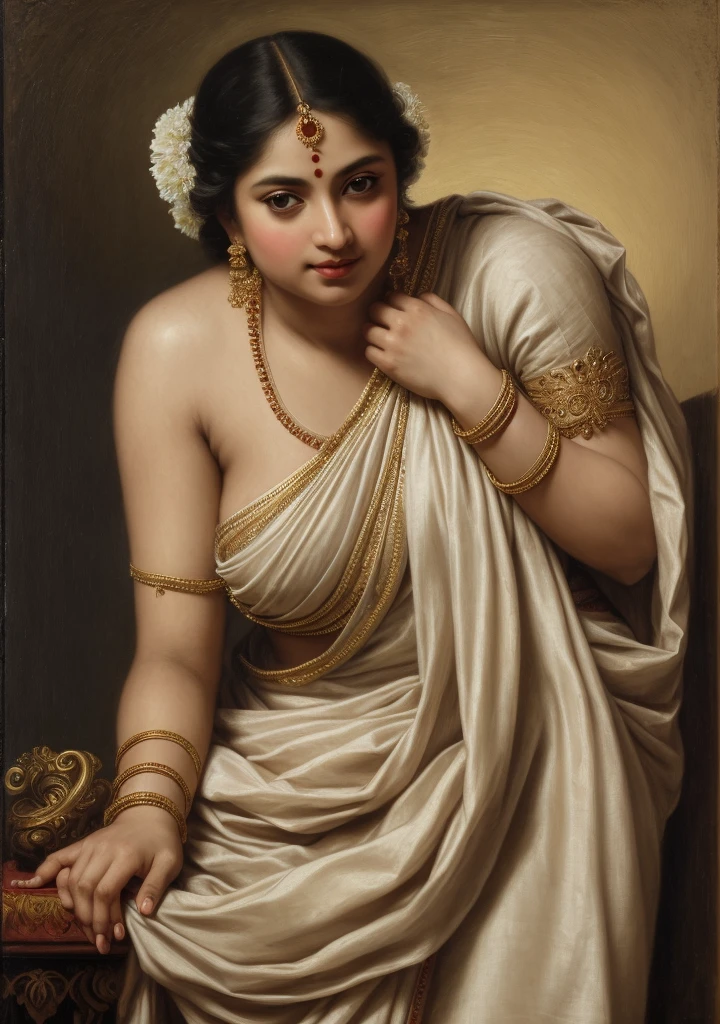 Beautiful Indian Woman, wearing saree, sari Beauty, gorgeous, Apsara, Maharani, royal queen woman, nymph from Hindu Mythology, Urvashi, matchless beauty, Highly detailed, Oil Painting by Peter Paul Rubens inspired by Raja Ravi Varma, Matchless beauty, captivating, gorgeous, heavenly beauty, celestial beauty, by Peter Paul Rubens, 13, realistic, hyper realistic, micro details, incredible artwork, insane details, ultra High resolution, 8k, 32k, acrylic on canvas, intricate, flawless, detailed, detailed face, detailed eyes, masterpiece, by Peter Paul Rubens, by Caravaggio, by William Adolphe bouguereau, perfect face, perfect body, beautiful art, realism, baroque, renaissance Art, highly textured, beautiful and detailed eyes, uhd, best quality,