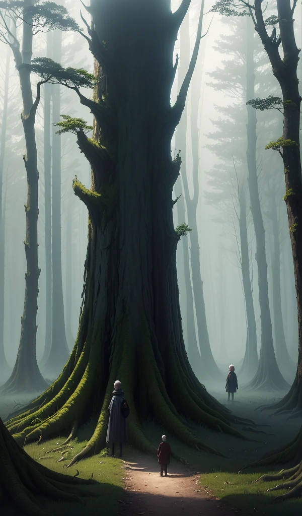 (anime, digital paint, deep forest, eerie atmosphere, the children lost, worried expressions, towering trees casting long shadows, fog creeping along the ground)