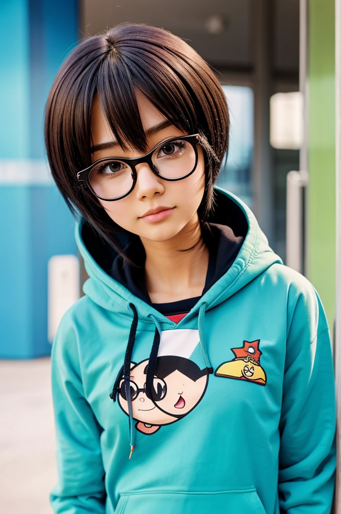 Cartoon anime character wearing hoody and glasses