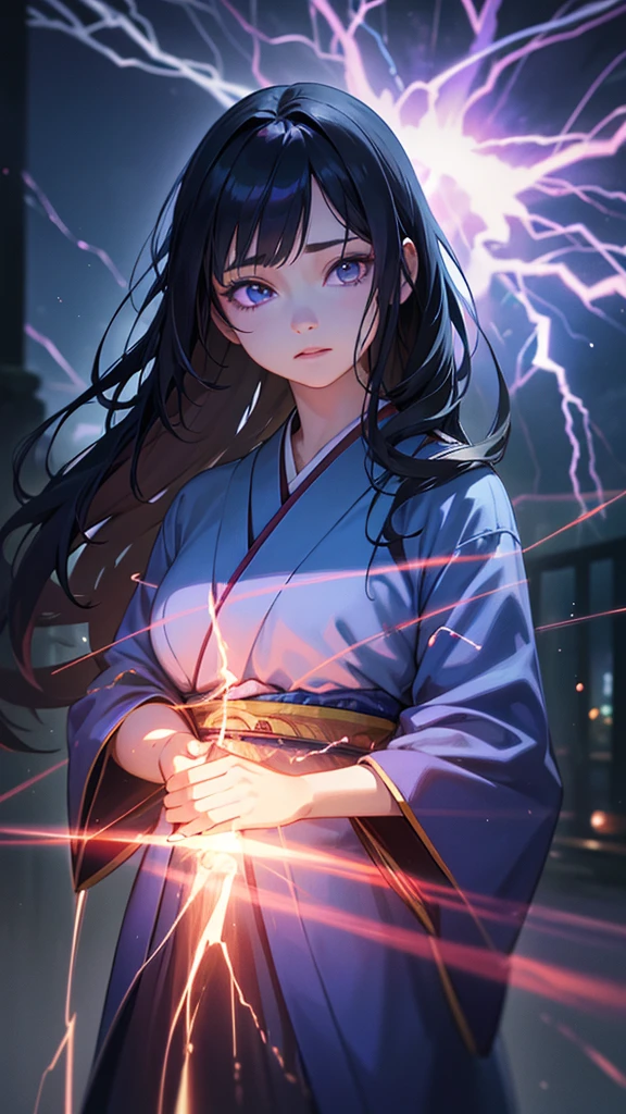 a beautiful girl with long black hair, light blue eyes, surrounded by purple lightning, wearing a traditional japanese kimono, with a mysterious expression, fantasy art, dark lighting that highlights the purple lightning, (best quality,4k,8k,highres,masterpiece:1.2),ultra-detailed,(realistic,photorealistic,photo-realistic:1.37),HDR,UHD,studio lighting,ultra-fine painting,sharp focus,physically-based rendering,extreme detail description,professional,vivid colors,bokeh