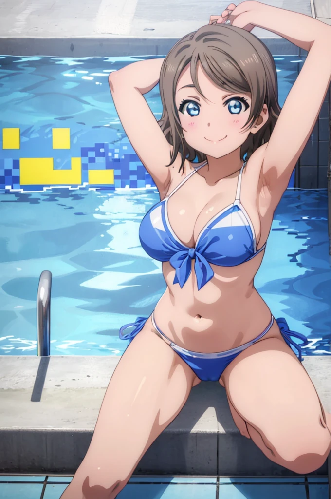 (((pixel-perfect, detail-perfect))), solo, 1girl, you watanabe, eyes azzur, smile, bikini, pool, armpit, big filesize, ultra High Qality