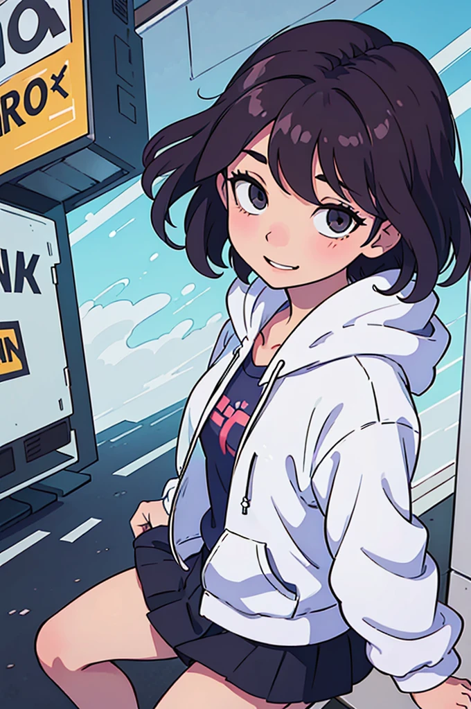 (best quality:0.8) perfect anime illustration, a pretty, happy woman with short curly brown hair on the street in the city, wearing a hoodie, skirt