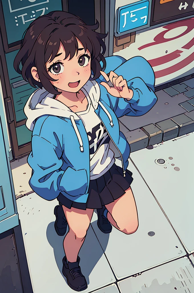 (best quality:0.8) perfect anime illustration, a pretty, happy woman with short curly brown hair on the street in the city, wearing a hoodie, skirt