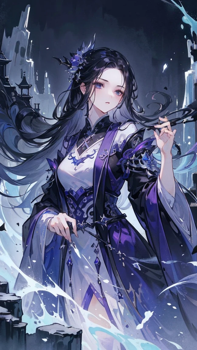 (Extremely detailed 8k wallpaper),(Extremely detailed),(best quality),(masterpiece),(Very detailed),(light),(The original),Cold Light,Moody,((Color ink)),(Ink splash ),32K Depth of Field,1 Girl,((beautiful girl)),((immortal)),(Black long hair),Purple clothes,fall,Water Flow