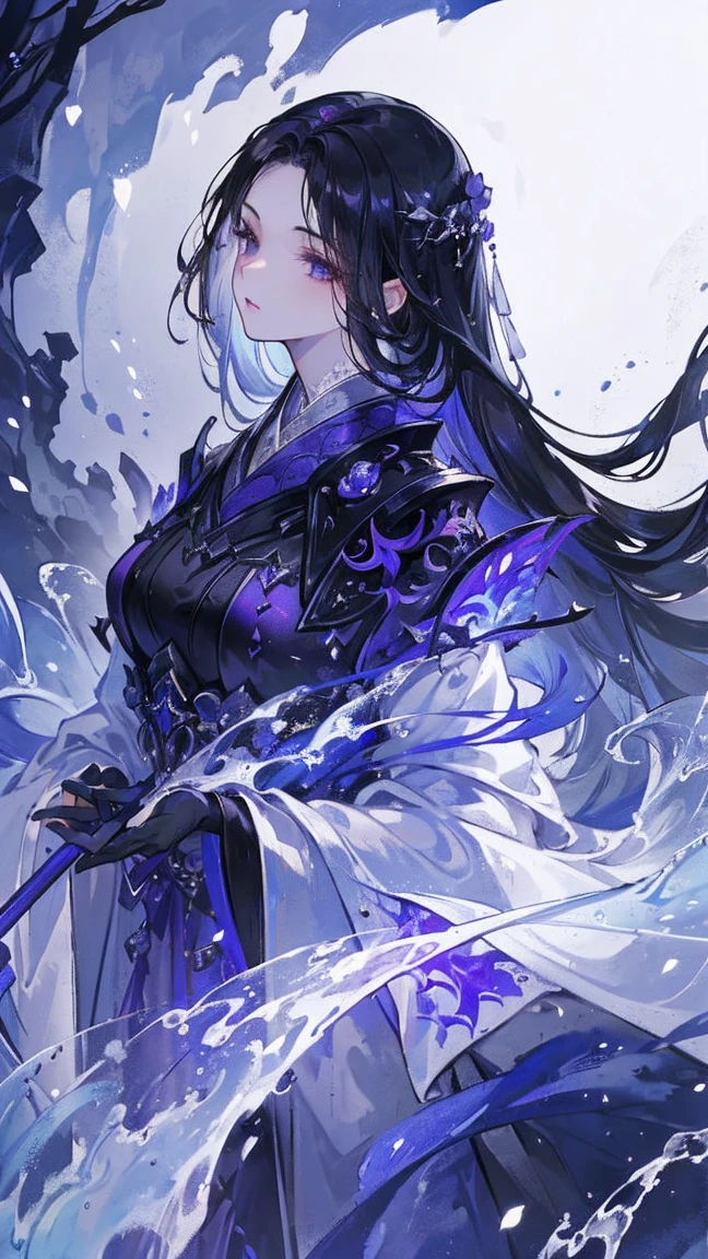 (Extremely detailed 8k wallpaper),(Extremely detailed),(best quality),(masterpiece),(Very detailed),(light),(The original),Cold Light,Moody,((Color ink)),(Ink splash ),32K Depth of Field,1 Girl,((beautiful girl)),((immortal)),(Black long hair),Purple clothes,fall,Water Flow