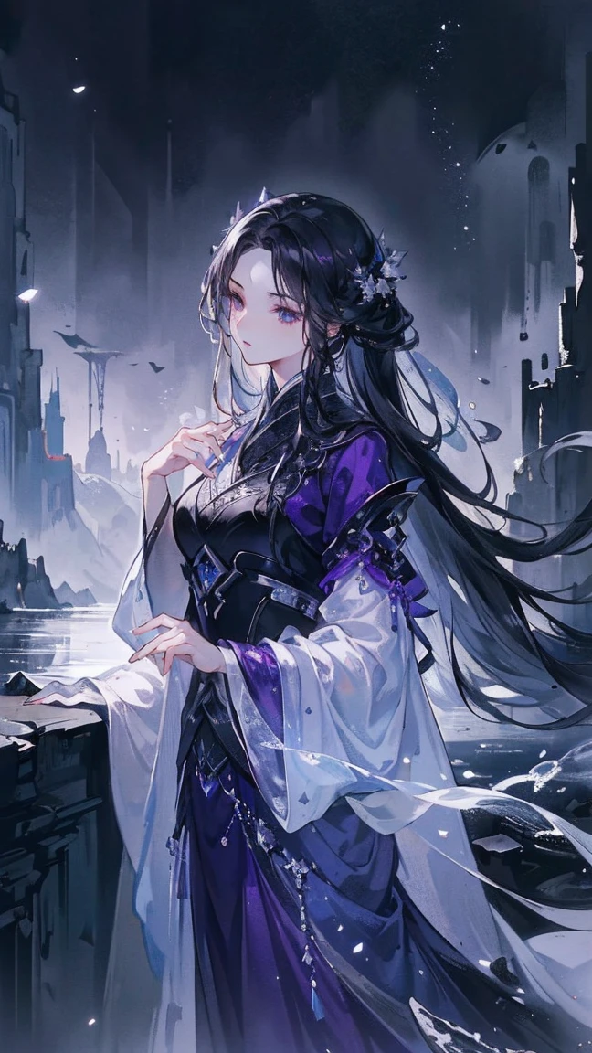 (Extremely detailed 8k wallpaper),(Extremely detailed),(best quality),(masterpiece),(Very detailed),(light),(The original),Cold Light,Moody,((Color ink)),(Ink splash ),32K Depth of Field,1 Girl,((beautiful girl)),((immortal)),(Black long hair),Purple clothes,fall,Water Flow