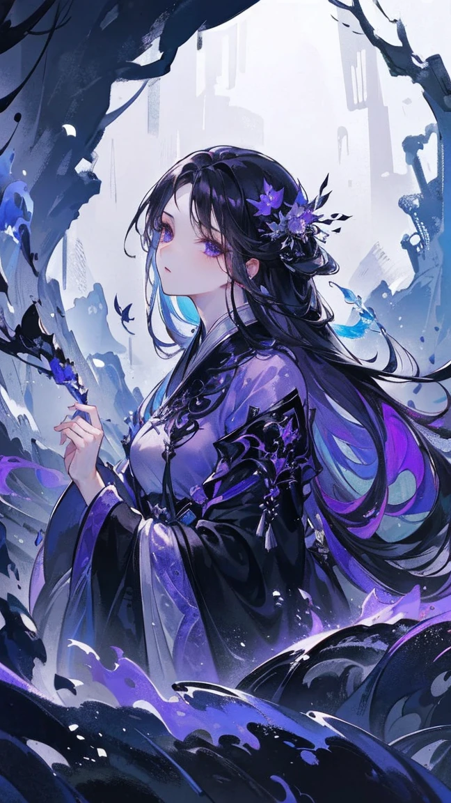 (Extremely detailed 8k wallpaper),(Extremely detailed),(best quality),(masterpiece),(Very detailed),(light),(The original),Cold Light,Moody,((Color ink)),(Ink splash ),32K Depth of Field,1 Girl,((beautiful girl)),((immortal)),(Black long hair),Purple clothes,fall,Water Flow