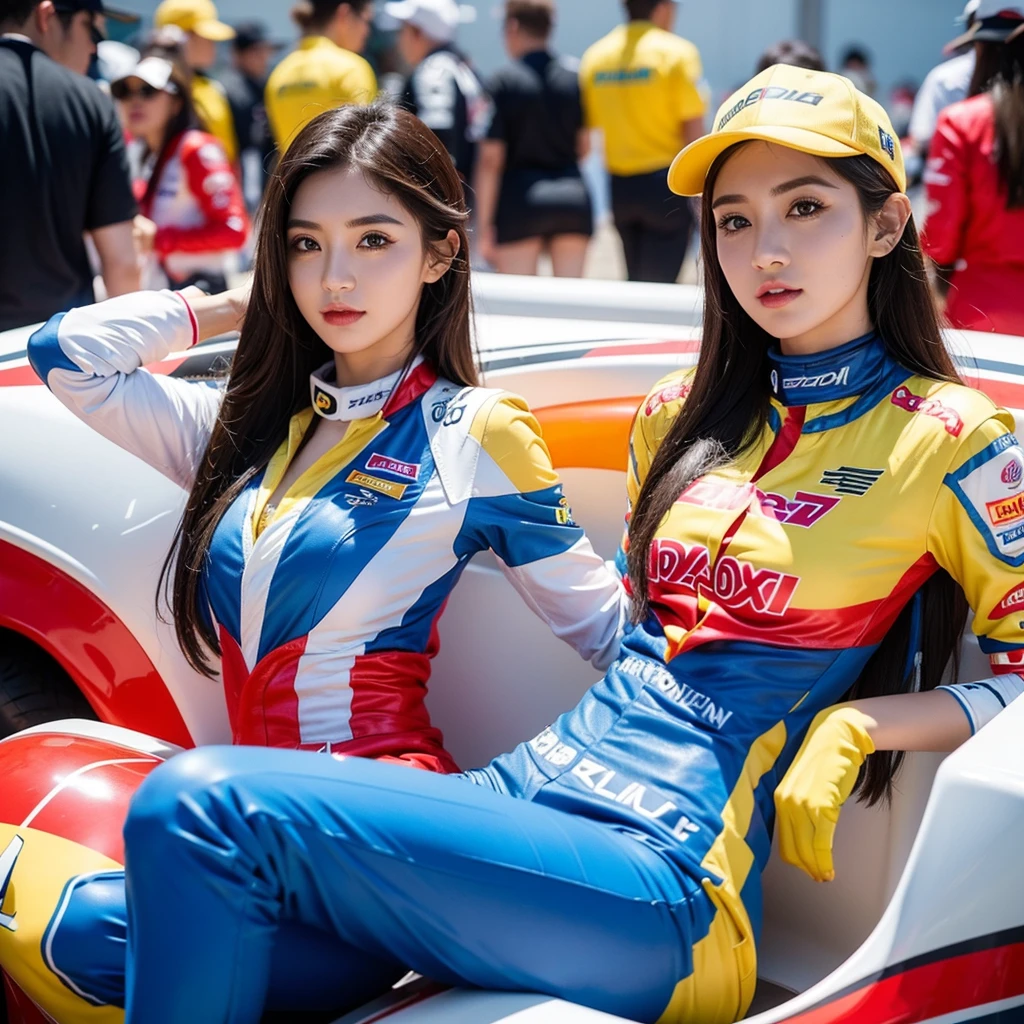 Super detailed photos、Detailed face、Cool woman、Colorful costumes、F1 Driver Cosplay、Colorful costumes、Clothing with company logo、The Grid Girls&#39; colorful and flashy costumes、Grid Girls、Perfect Face、Paddock Girls、harem、motor Show、tights、Bodycon Costumes、Grid Girls、Russia、Grid Girlsのコスプレ、belly button、Pleated skirt、Bodycon Costumes、Legs open pose、With legs spread