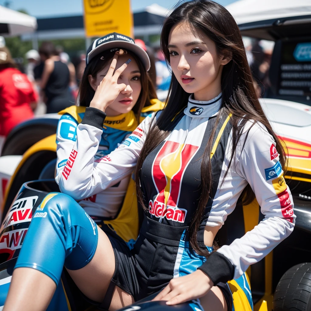 Super detailed photos、Detailed face、Cool woman、Colorful costumes、F1 Driver Cosplay、Colorful costumes、Clothing with company logo、The Grid Girls' colorful and flashy costumes、Grid Girls、Perfect Face、Paddock Girls、harem、motor Show、tights、Bodycon Costumes、Grid Girls、Russia、Grid Girlsのコスプレ、belly button、Pleated skirt、Bodycon Costumes、Legs open pose、With legs spread