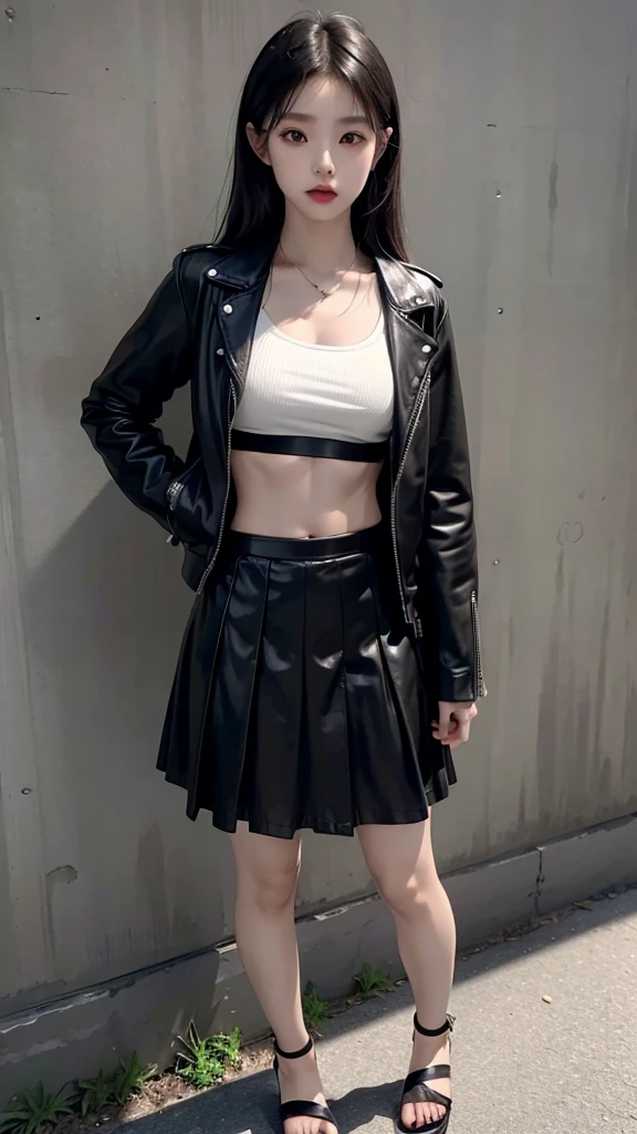 Japanese girl wearing a black leather jacket, black short skirt, wearing sandals, has six pack abs, black hair, 8k style