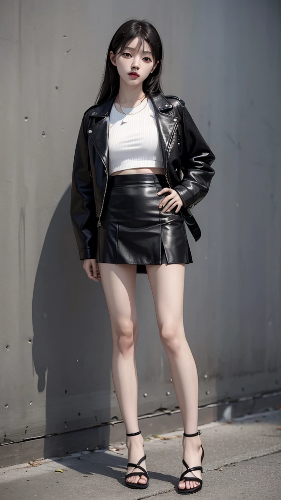 Japanese girl wearing a black leather jacket, black short skirt, wearing sandals, has six pack abs, black hair, 8k style