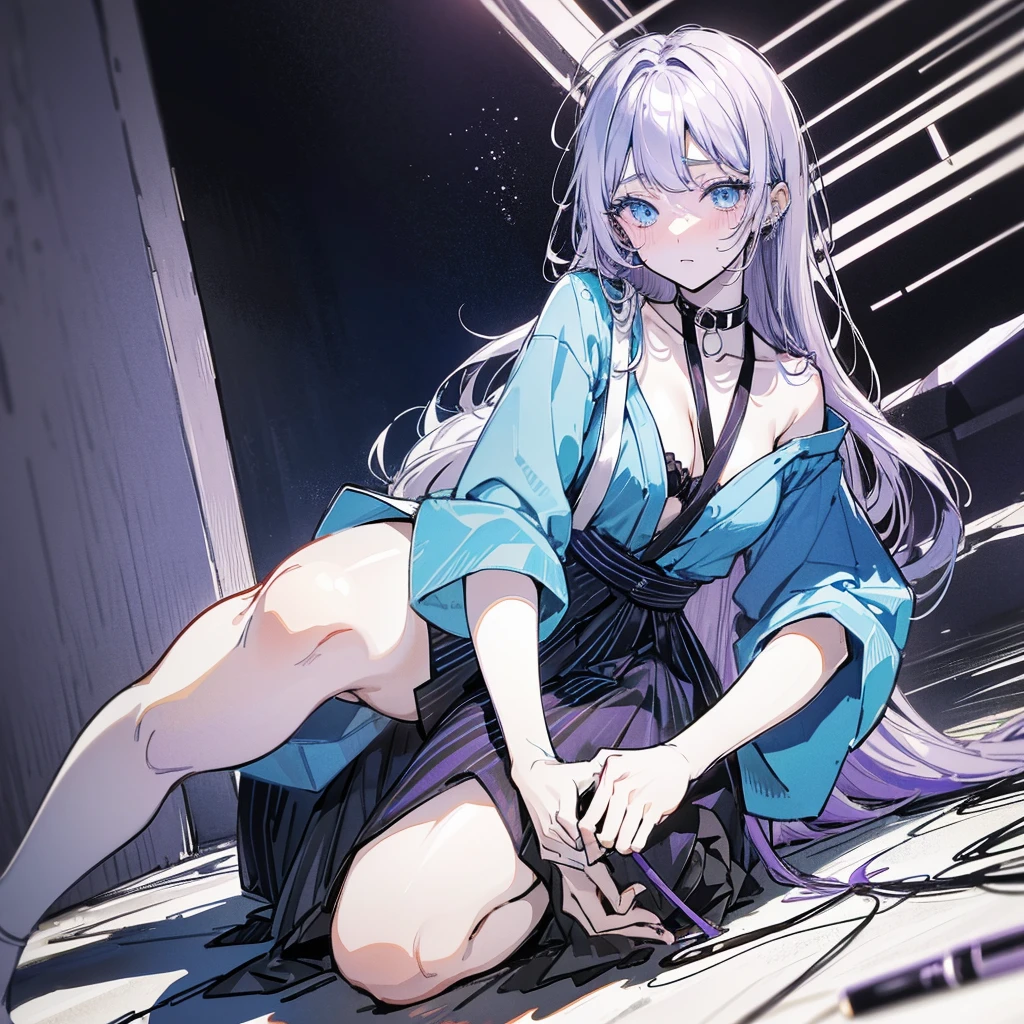 A 20-year-old Japanese girl with long light purple hair and one blue eye and one black eye. She plays in a rock band and usually wears white dresses. She has pale skin