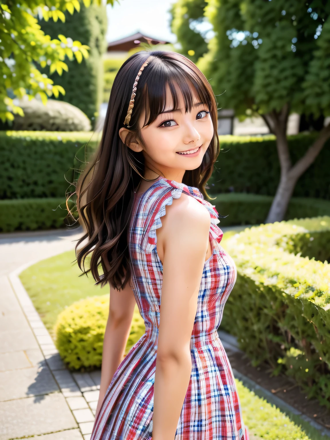 A young Asian woman in a plaid dress is turning around and posing, Wearing a magic , wearing Japanese , Japanese girl , Japanese , A young and cute gravure idol, Looking back, Young Gravure Idol, Japanese model, cute ,Wearing a pastel plaid dress, Young and thin gravure idol, portrait of a Japanese teen, Long Straight Hair, Girl with straight black hair, dancing, Posing, Jumping, Face that faithfully reproduces the face of LoRA, High resolution, Very detailed, Natural Bangs, highest quality