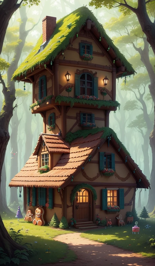 (anime, digital paint, gingerbread house nestled in a forest clearing, vibrant and colorful, astonished faces of the children, candy and sweets decorations, fairy tale setting, viewed from a low angle with trees framing the scene)