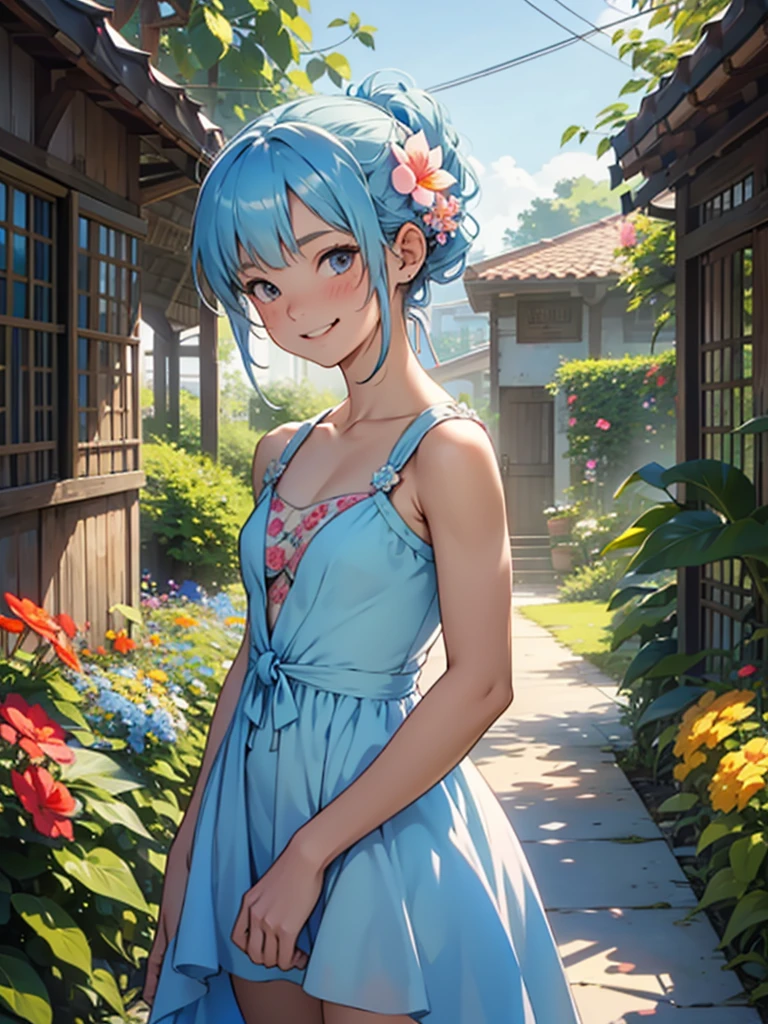 10-years-old、woman、Single、smile、Light blue hair tied up、Peach-colored flower garden、Fantasy、Wearing a one-piece dress、sunny