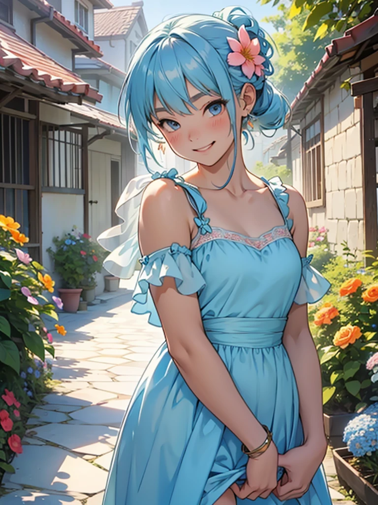 10-years-old、woman、Single、smile、Light blue hair tied up、Peach-colored flower garden、Fantasy、Wearing a one-piece dress、sunny